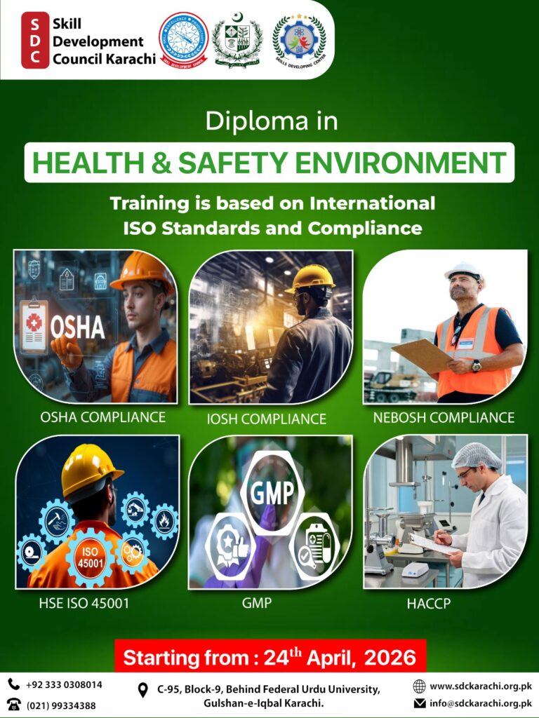 short diploma in health and safety enviornment by skill development council karachi