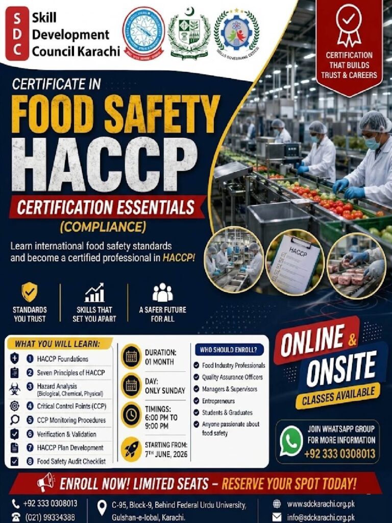 certificate in food safety HACCP certification essentials by skill development council karachi